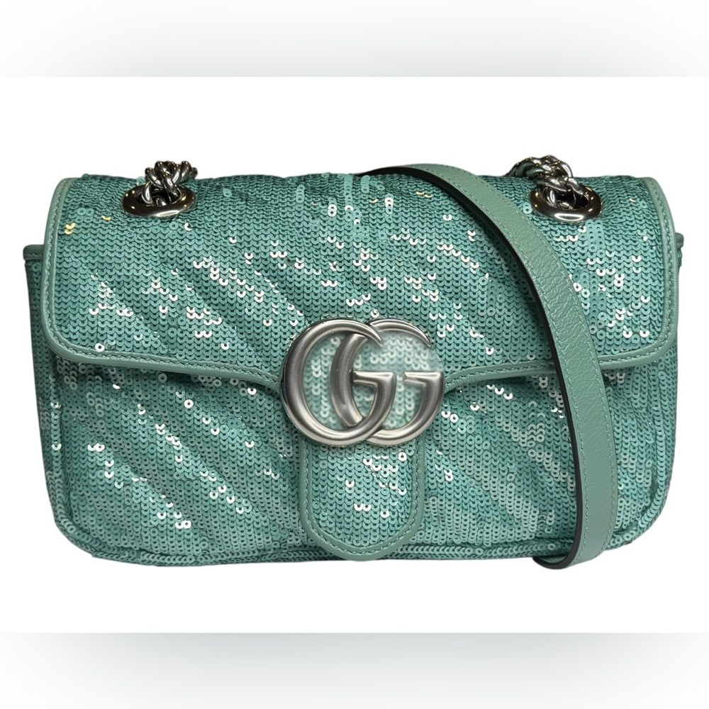✨🛍️ NIB Gucci Sequin Diagonal Quilted Mini GG Marmont Flap Bag in Aqua